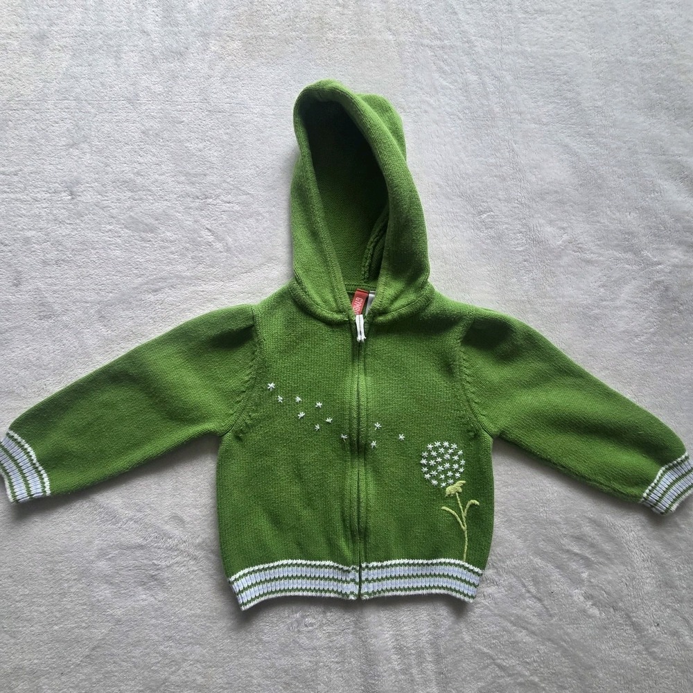 Vintage Gymboree Zip Up Hooded Sweater Green Dandelion Embroidered Girls 3T
